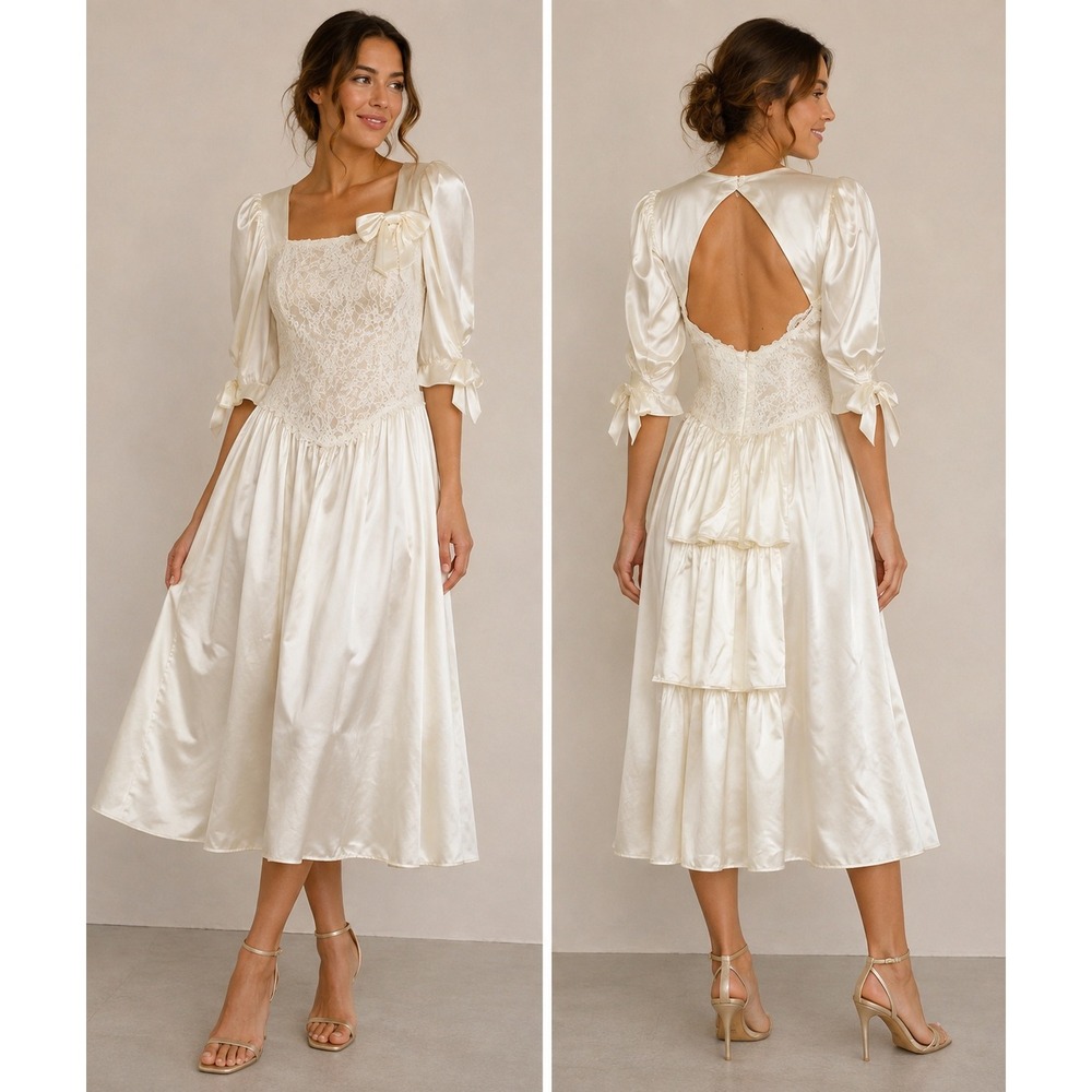 Gunne Sax Dress 13/14 Ivory Vintage Lace Sequin Open Back Wedding Prom